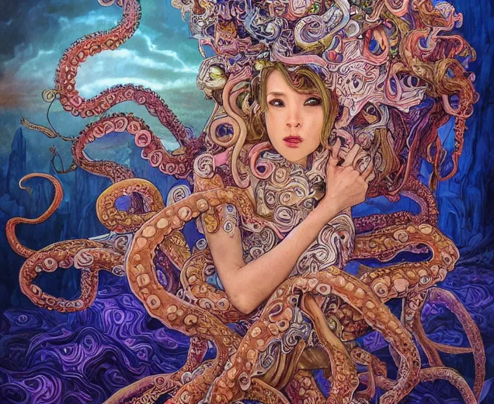 Prompt: portrait of an octopus goddess, full body shot, rule of thirds, wide angle, amazing landscape in background, magic realism, fantasy, whimsical, horror, art by riot games and chengwei pan and josephine wall and amanda sage and alphonse mucha, intricately detailed, highly detailed, luxurious, elegant, clean, unsettling, trending on artstation