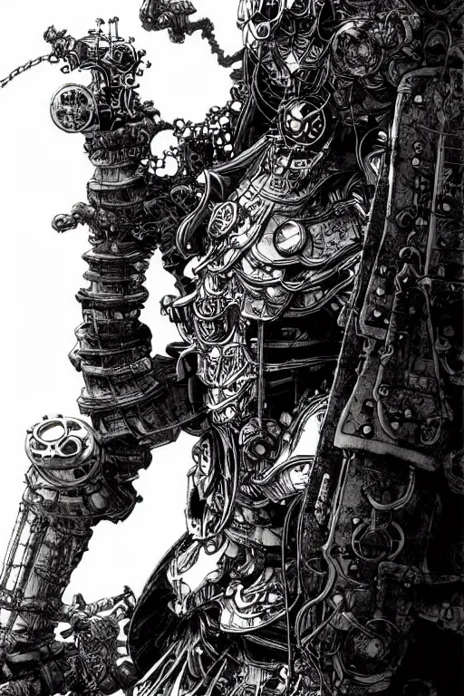 Image similar to a vertical portrait of a character in a scenic environment by yoshitaka amano and nihei tsutomu, black and white, dreamy, steampunk armor, highly detailed