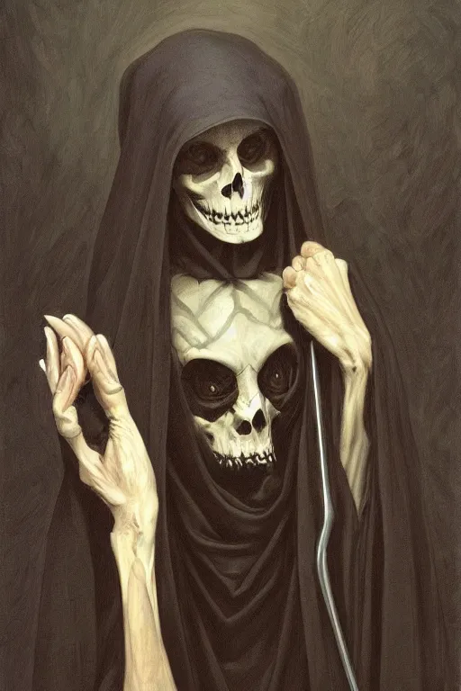 Prompt: portrait of the grim reaper collector of souls, by giancola, very detailed art, elegant, sophisticated, high resolution, smooth