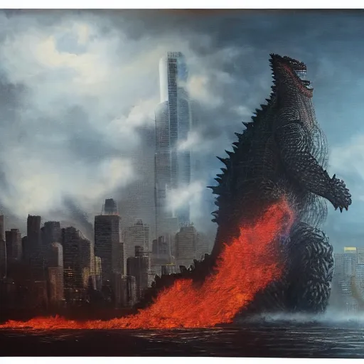 Prompt: oil painting of godzilla conquering e destroying a city, cinematic lighting