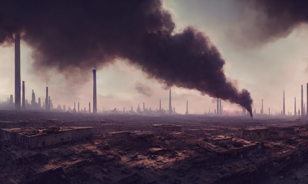 Image similar to low angle shot of dirty polluted derelict destroyed city with smoke stacks in the distance by Andrei Riabovitchev and Craig Mullins, 8k, hyperrealism, hyper realistic, highly detailed, octane render, award winning photography, artstation, cgsociety, concept art, conceptartworld, volumetric lighting, cinematic lighting, cinematic composition