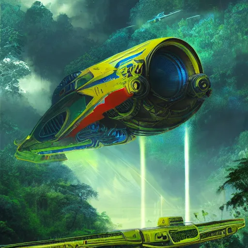 Image similar to legendary space ship, jungle planet, tropical, green forest, alien technology, cinematic, highly detailed, large blue engines, scifi, yellow windows and details, hyper realism, intricate digital painting, mechanics, red glow, gigantic landing pad, scifi base, artstation, by johnson ting, jama jurabaev