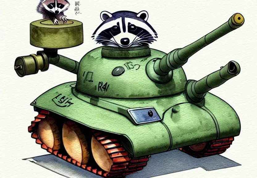 Image similar to cute and funny, racoon wearing army helmet riding in a tiny t 1 4 tank with large cannon, ratfink style by ed roth, centered award winning watercolor pen illustration, isometric illustration by chihiro iwasaki, edited by range murata