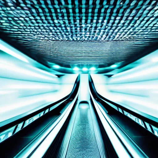 Prompt: approaching futuristic escalator inside white back glossy lit tube with streaming beams of light, building anticipation, scintillating, dichroic, movement, pastel gradients, 8 k, highly detailed, professional photograph, epic composition, modern details