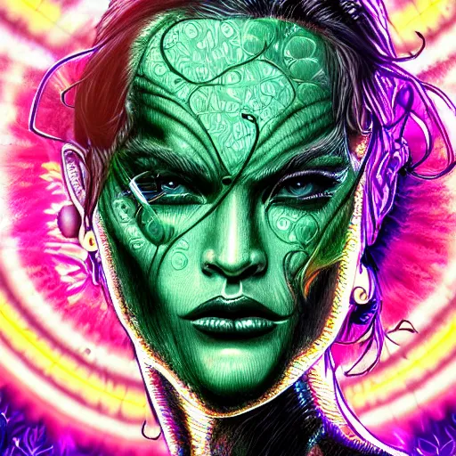 Image similar to an extremely psychedelic portrait of megan fox as the riddler, surreal, lsd, face, detailed, intricate, elegant, lithe, highly detailed, digital oth, sharp focus, illustration,