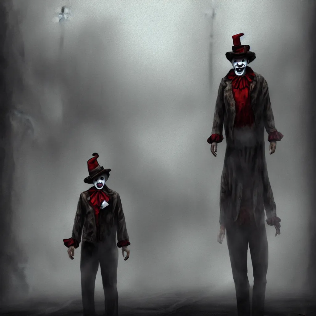 Image similar to A portrait of James Sunderland from Silent Hill 2 dressed as a clown standing in a foggy street, digital art, moody