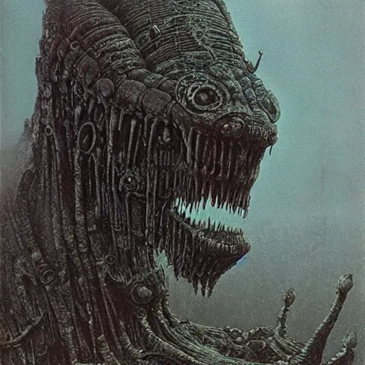 Image similar to ancient gear beast beksinski, eldritch, apocalypse, creepy creature, horror spooky