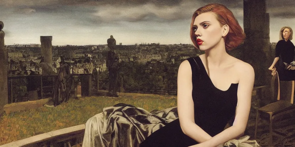 Image similar to Scarlett Johansson in a painting by Paul Delvaux