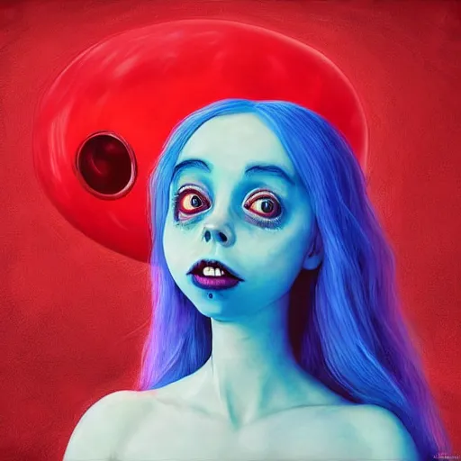 Image similar to digital art of Billie eilish with a wide smile and a red balloon by Zdzisław Beksiński, loony toons style, pennywise style, corpse bride style, creepy lighting, horror theme, detailed, elegant, intricate, conceptual, volumetric light