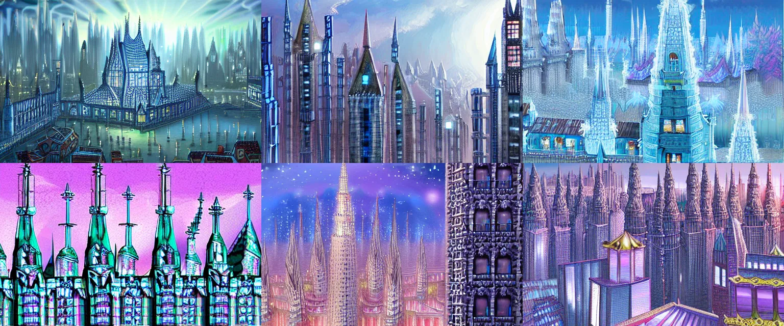 Prompt: city made of crystal spires, detailed digital 2D fantasy painting