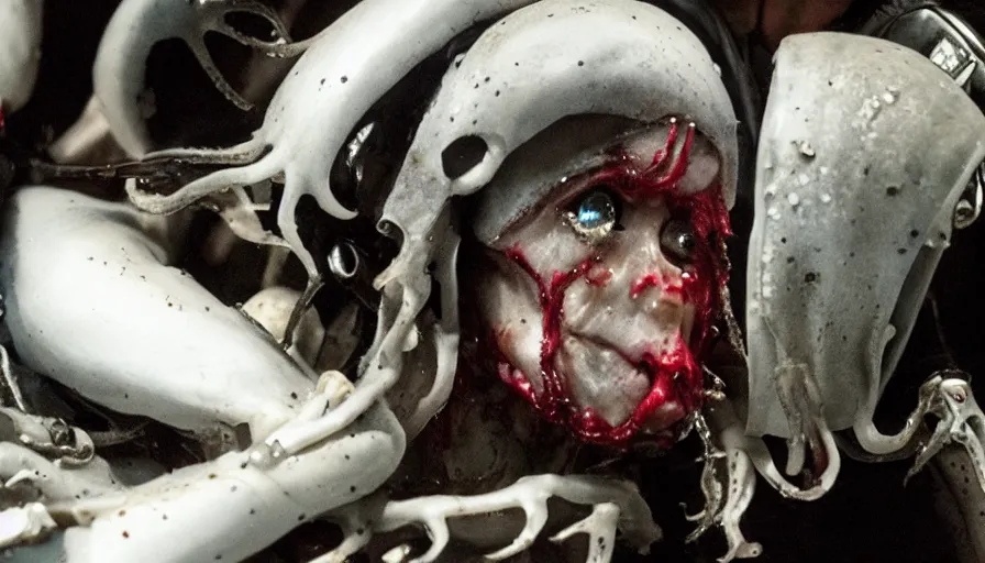 Image similar to Big budget horror movie, a squid bloodily rips off a cyborgs head