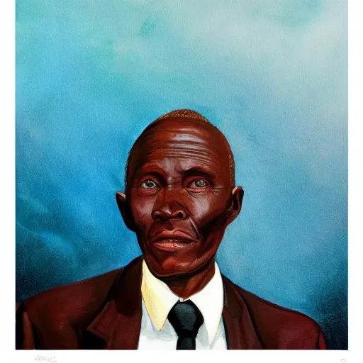 Image similar to a painting of a fatherly wide forehead, round face, XXL , loving, caring, generous, ever-present, humble, wise elder from Kenya in a suit by Wangechi Mutu . Fatherly/daddy, focused, loving, leader, relaxed, ethereal blue heavenly lights, details from behind, smooth, sharp focus, illustration, realistic, cinematic, artstation, award winning, rgb , unreal engine, octane render, cinematic light, macro, depth of field, blur, red light and clouds from the back, highly detailed epic cinematic concept art CG render made in Maya, Blender and Photoshop, octane render, excellent composition, dynamic dramatic cinematic lighting, aesthetic, very inspirational, arthouse.