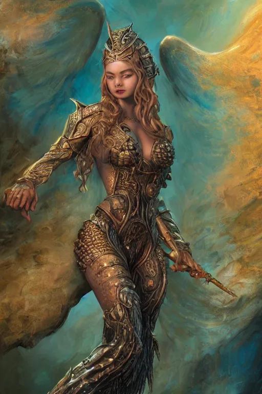 Image similar to A fantasy comic book style portrait painting of Ella Fanning as an Atlantean Reptilian Warrior, Mystical Valkyrie, unreal 5, DAZ, hyperrealistic, octane render, Regal, Refined, Detailed Digital Art, RPG portrait, Michael Cheval, Walt Disney (1937), François Boucher, Oil Painting, Steampunk, Josephine wall, dynamic lighting, Highly Detailed, Cinematic Lighting, Unreal Engine, 8k, HD