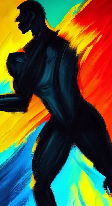 Image similar to very dark background, a thin, athletic physique man's body made of bright colored thick flowing dramatic brush strokes, no face, strong wind, matte colors, impressionist, extreme motion, trending on artstation