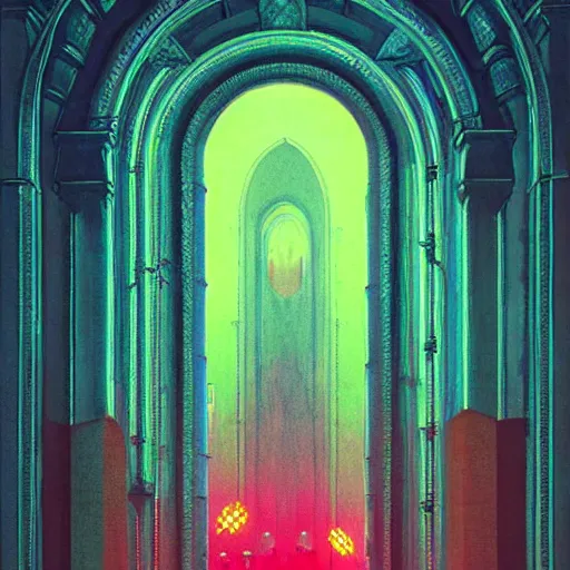 Image similar to art decor interior with arched windows, neon lighting, cyberpunk, high contrast, bright colors, dramatic, fantasy, by Moebius, by zdzisław beksiński, Fantasy LUT, epic composition,