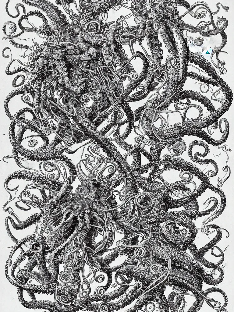 Prompt: a high detail book illustration of octopus, sea shells, jelly fish, crabs, lobster, crustaceans, tentacles, cthulu, snails, cute robot, gremlin, baby bear, sloth, kitten symmetrical characteristics, by ernst haeckel