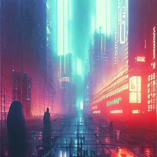 Image similar to huge cyberpunk dystopian megacity with lights and neon billboards, holograms, bladerunner and beksinski painting