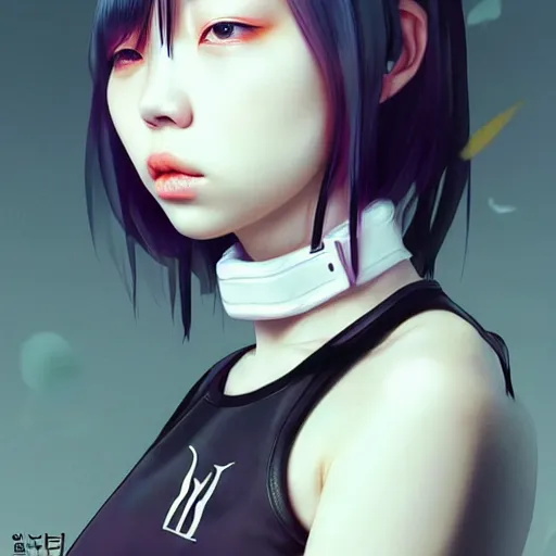 Image similar to a beautiful young korean kpop star billie eilish lucy liu alluring instagram model in elaborate latex tank top, jrpg tank top made from latex demon faces, by guweiz and wlop and ilya kuvshinov and artgerm and, aesthetic, gorgeous, stunning, alluring, attractive, artstation, deviantart, pinterest, digital art