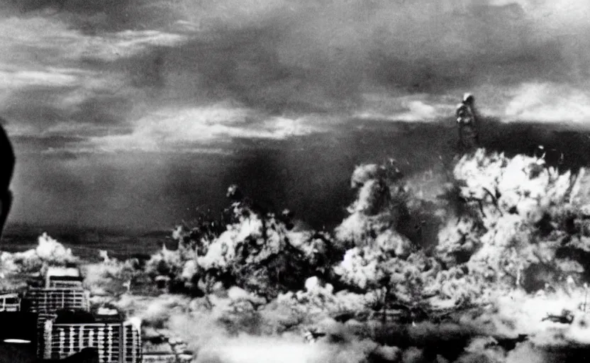 Image similar to a filmstill of Kim Jong-il, monster destroying Pyongyang, in Godzilla (1954) by Ishirō Honda, epic ultrawide shot, cinémascope