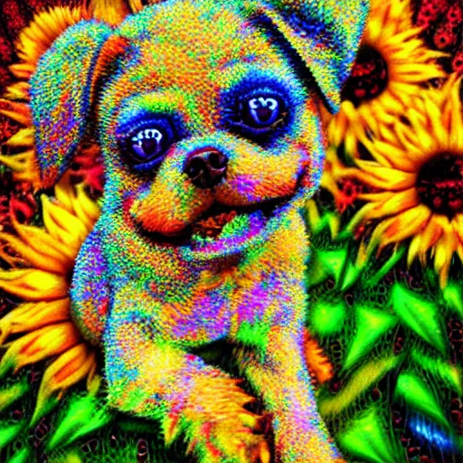 Image similar to cute little doggie puppy made completely out of sunflowers 8 k psychedelic deepdream