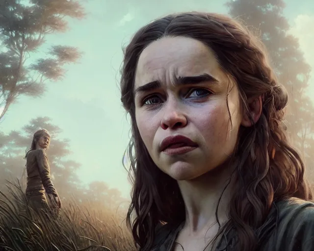 Image similar to highly detailed portrait of a emilia clarke, in the walking dead, stephen bliss, unreal engine, fantasy art by greg rutkowski, loish, rhads, ferdinand knab, makoto shinkai and lois van baarle, ilya kuvshinov, rossdraws, tom bagshaw, global illumination, radiant light, detailed and intricate environment