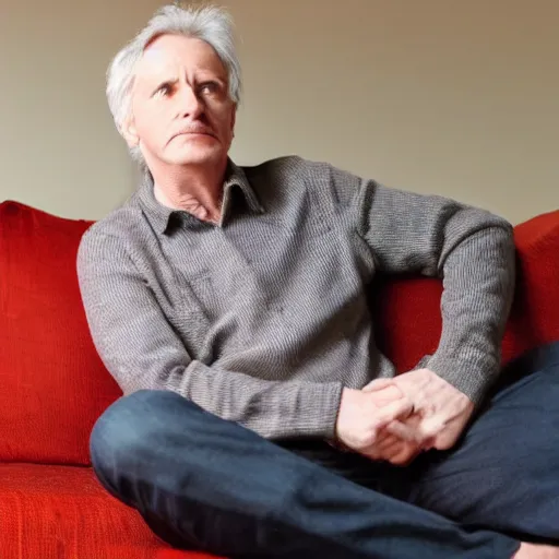 Image similar to mature man is sitting gracefully on a sofa