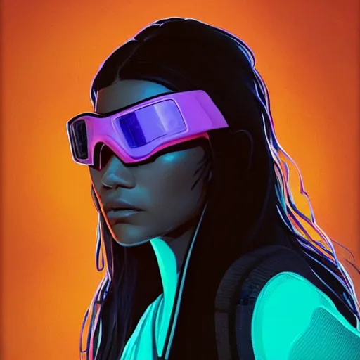 Prompt: zendaya wearing opaque reflective goggles profile picture by Greg Rutkowski, brown skin, very long hair, dune, asymmetrical, futuristic, neon volumetric lights, cool colors, streetwear, studio ghibli, Organic Painting , Matte Painting, geometric shapes, hard edges, street art, trending on the artstation, fantasy LUT, realistic by Sachin Teng + Martin Grip + Moebius, techwear, Industrial Scifi, detailed illustration, character portrait,