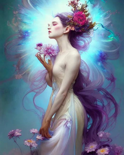 Image similar to Full View ultrarealistic Portrait ethereal fantasy deity wearing beautiful gown, flowers, spirituality, levitating, 4k digital masterpiece by Anna Dittman and Alberto Seveso Ruan Jia, rossdraws, artgerm and greg rutkowski and alphonse mucha and loish and WLOP, fantasycore, Hyperdetailed, fractals, scribble art, realistic digital painting, atmospheric, fireflies, soft lighting, featured on Artstation