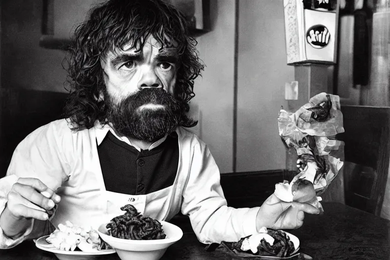 Prompt: peter dinklage at arbys eating curled fries, in the style of eugene atget and peter witkin