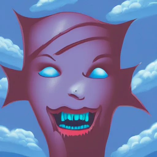 Image similar to clouds shaped like a vampire womans face with an ear-to-ear mouth, pointy teeth, nightime, blue pallete, an old suburban house, 4k