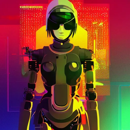 Prompt: a highly detailed full body portrait of a cyborg ninja by ilya kuvshinov in synthwave style with a cyberpunk colorful background with brokeh effect