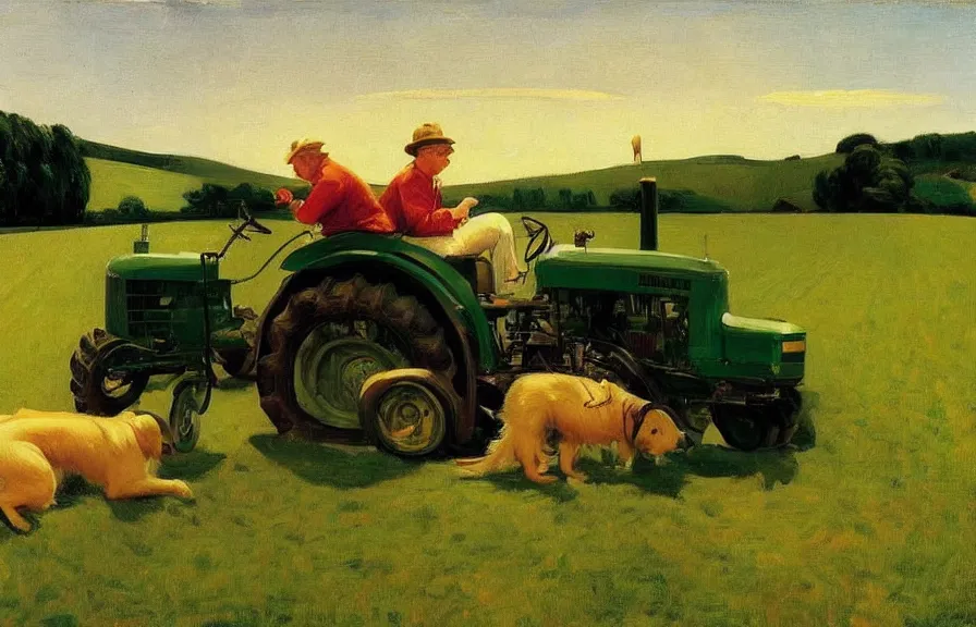 Image similar to a golden retriever driving a tractor, american realism style, edward hopper, george bellows, bo bartlett, jamie wyeth