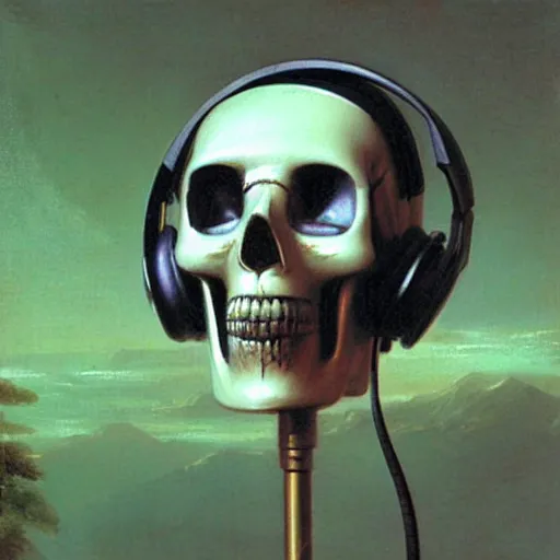 Image similar to a painting by Thomas Cole of a vaporwave robot skull wearing headphones highly detailed chromatic 3d rendering from 1996