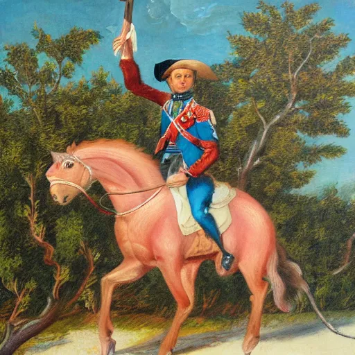 Image similar to napoleon riding a squirrel on the beach with crepe myrtles in the background, oil painting