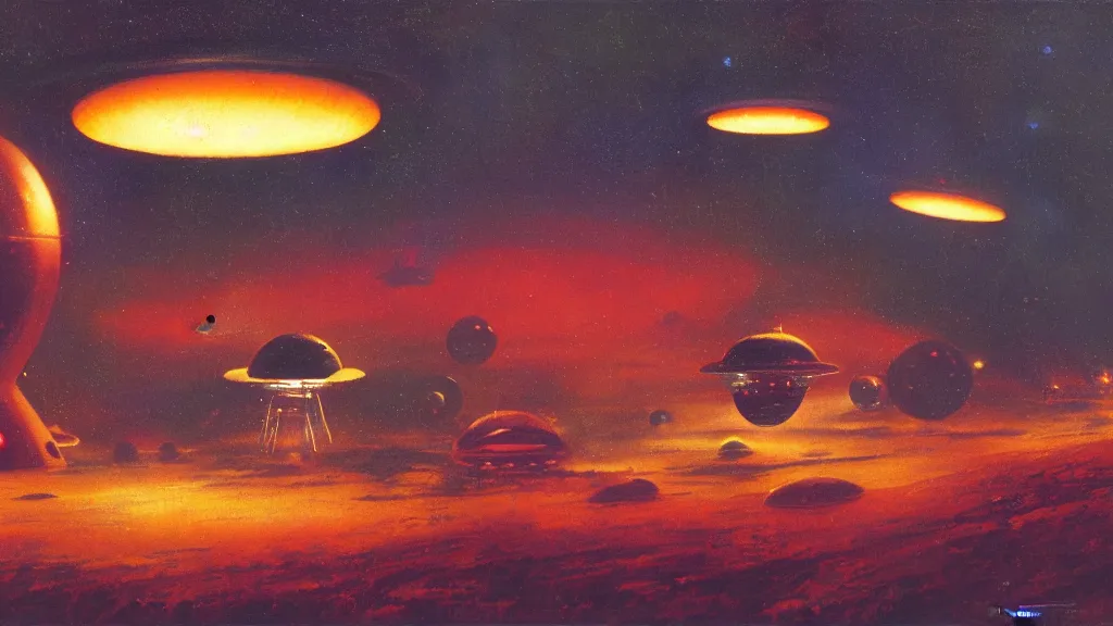 Image similar to flying saucer invaders by paul lehr and john schoenherr, cinematic matte painting