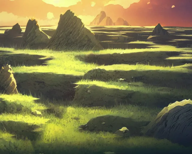 Image similar to landscape of flat wastelands, thin rocky spikes, studio ghibli style, hayao miyazaki, award winning photograph, highly detailed, artstation, hd wallpaper