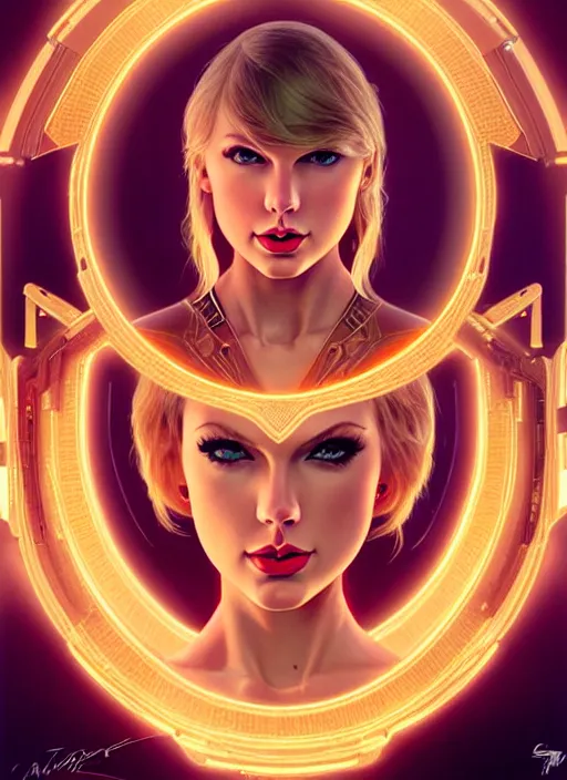 Image similar to symmetry!! portrait of taylor swift, gold sci - fi armour, tech wear, glowing lights!! sci - fi, intricate, elegant, highly detailed, digital painting, artstation, concept art, smooth, sharp focus, illustration, art by artgerm and greg rutkowski and alphonse mucha