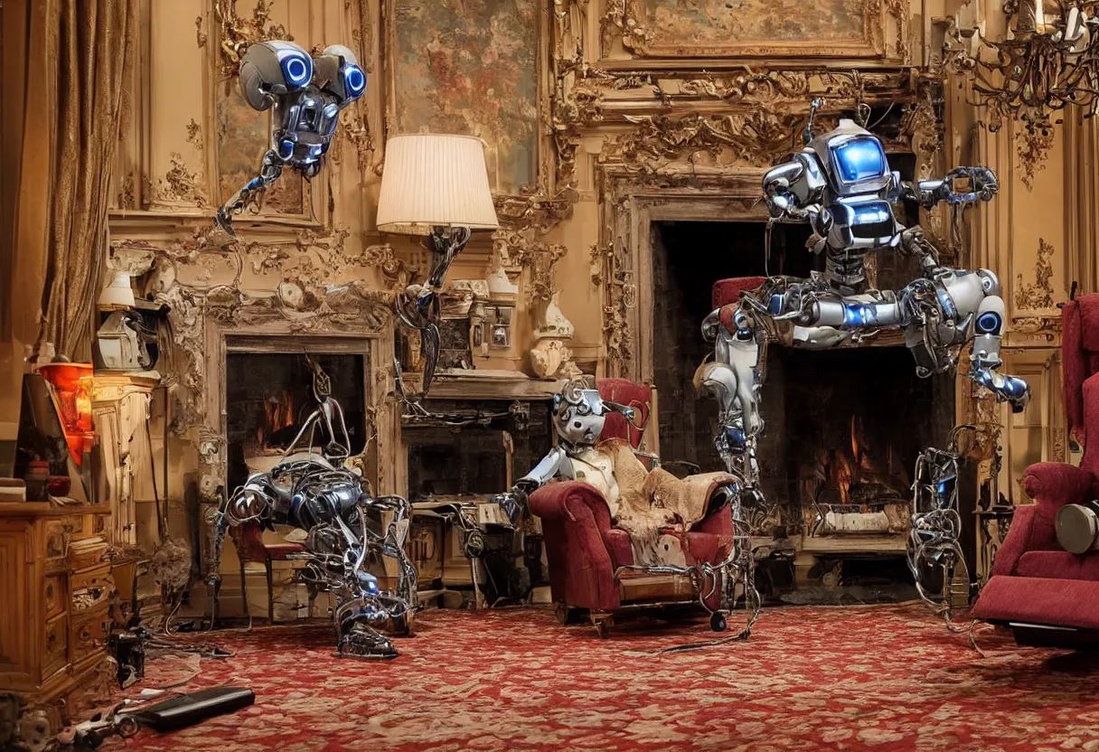 Prompt: Extreme close up photograph of a robot reclining on a tattered recliner in front of a single beautiful fireplace in a Victorian home, by Simon Stalenhag