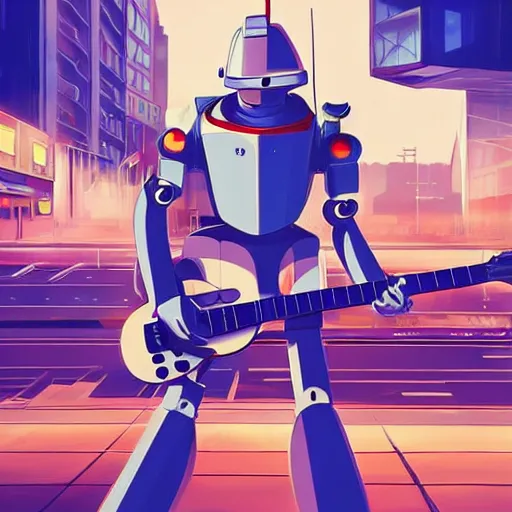 Image similar to A cell animation of a robot shredding a guitar solo in a futuristic city street, macross, gundam, ghibli style, illustration, anime, trending on artstaion