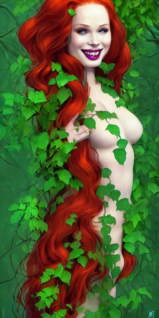 Prompt: beautiful Madelaine Petsch poison ivy DC comics, evil smile, full body green dress, realistic character concept, fun pose, comic book, illustration, slender symmetrical face and body, vines flowers and plants, artstation, cinematic lighting, hyperdetailed, high resolution, Charlie Bowater, Tom Bagshaw, single face, insanely detailed and intricate, beautiful