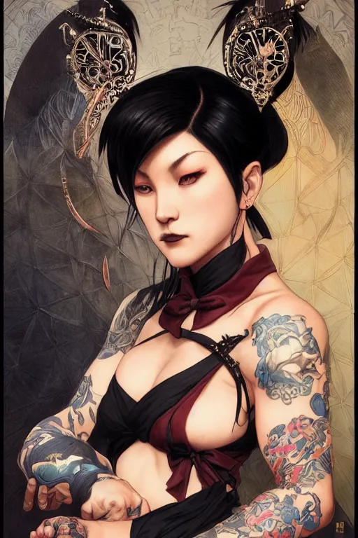 Image similar to portrait of goth Chun Li with yakuza tattoos, Street fighter, intricate, elegant, highly detailed, digital painting, artstation, concept art, smooth, sharp focus, illustration, art by artgerm and greg rutkowski and alphonse mucha and william-adolphe bouguereau