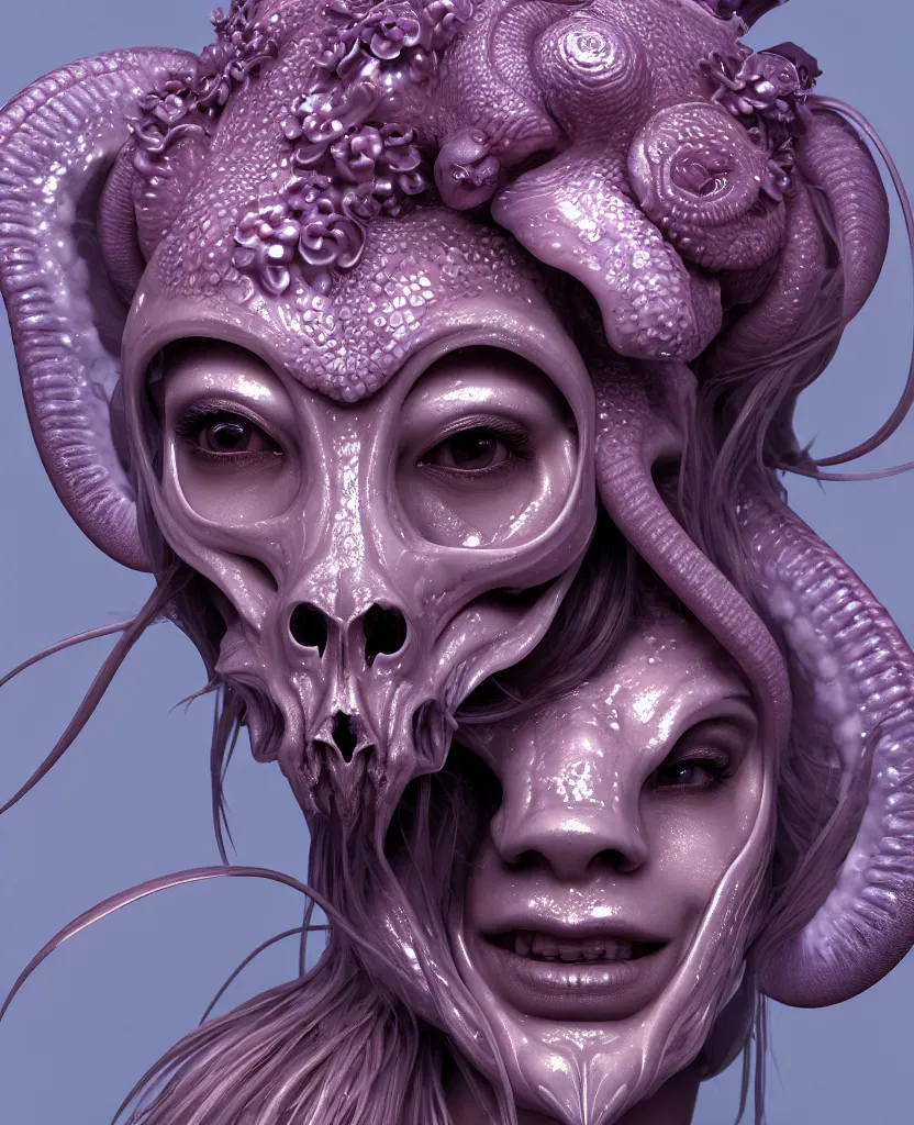 Image similar to goddess princess face close-up portrait ram skull. hard surface modelling zbrush. jellyfish phoenix head, nautilus, orchid, skull, betta fish, bioluminiscent creatures, intricate artwork by Tooth Wu and wlop and beeple. octane render, trending on artstation, greg rutkowski very coherent symmetrical artwork. cinematic, hyper realism, high detail, octane render, 8k