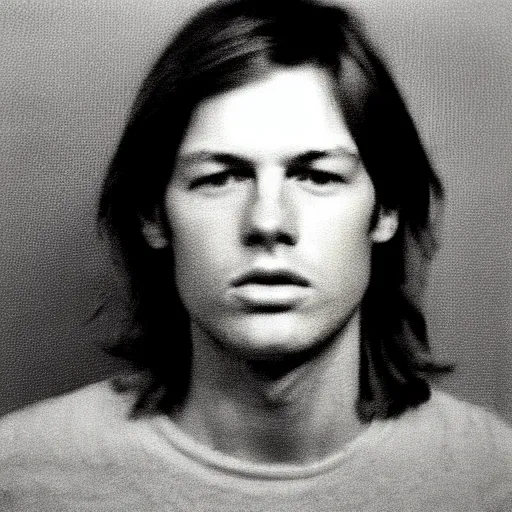 Image similar to Mugshot Portrait of Young David Gilmour, taken in the 1970s, photo taken on a 1970s polaroid camera, grainy, real life, hyperrealistic, ultra realistic, realistic, highly detailed, epic, HD quality, 8k resolution, body and headshot, film still, front facing, front view, headshot and bodyshot, detailed face, very detailed face