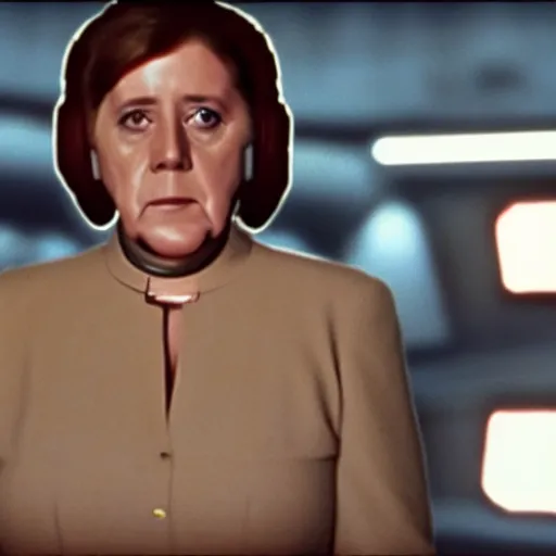 Image similar to Angela Merkel as Princess Leia in star wars, movie still, grainy