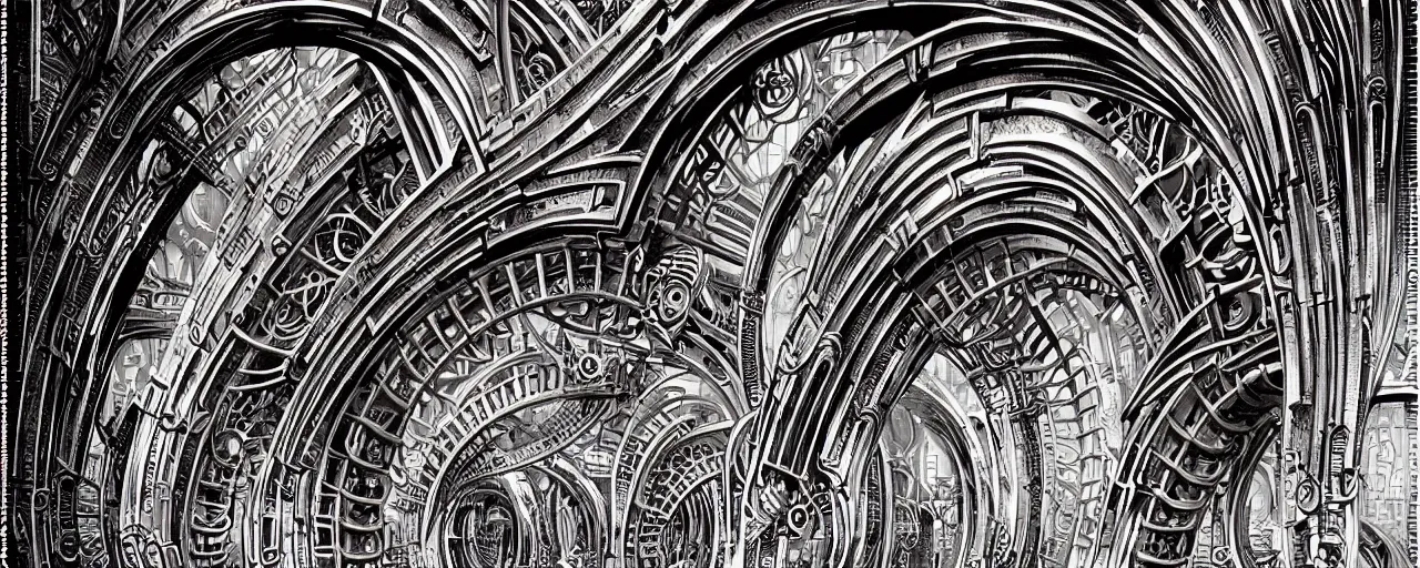 Image similar to a double helix dna cyberpunk steampunk stone carved archway, art deco high details, lineart, by vincent di fate and joe fenton, inking, screen print, masterpiece, trending on artstation, sharp, high contrast, hyper - detailed, ultrawide, hd, 4 k, 8 k