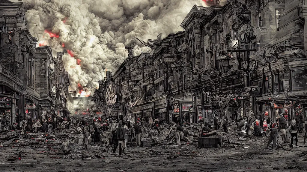 Image similar to the pain and chaos of a town being bombed on market sunday, digital art