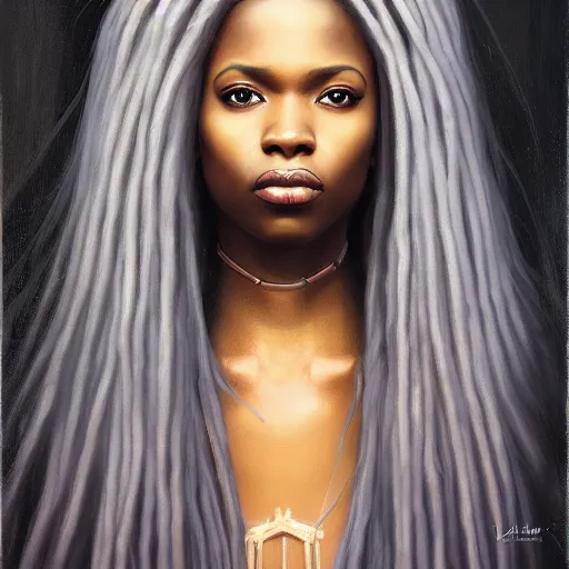 Prompt: a detailed matte oil on canvas head on symmetrical portrait of black skinned woman with long with hair, clothed by charlie bowater, lise deharme, wlop, trending on artstationhd, dungeons and dragons art critical role