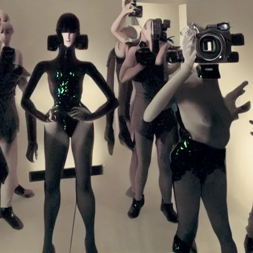 Image similar to a group of humanoid replicants try to take the camera away from you, paparazzi, flash photography