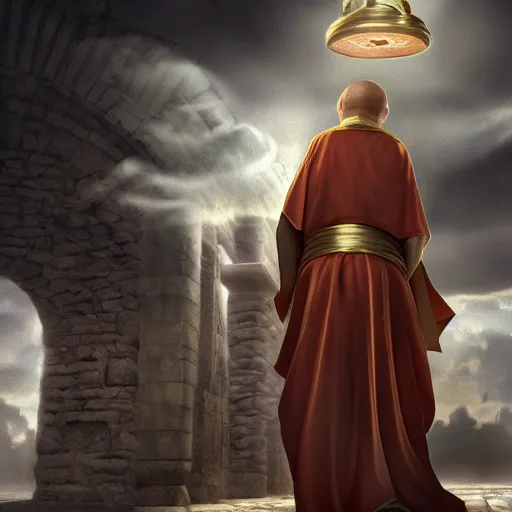 Prompt: a byzantine priest is carrying a genie lamp surrounded by heavenly clouds in a Byzantine city, concept art, beautiful light, symmetry, very coherent, realistic, trending on artstation, cinematic, 85mm lens