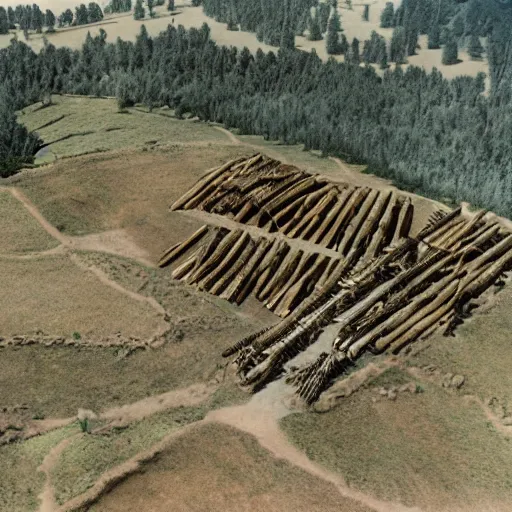 Prompt: Aerial establishing shot of circular wooden-stake palisade containing an orc-village